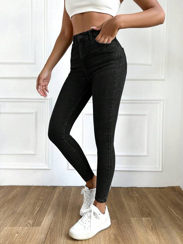 SHEIN Women's Solid Color Slim Fit Versatile Tall High Waist Casual Skinny Jeans Jeans For Women