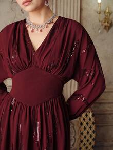 Anewsta Elegant Sequined Chiffon Long Sleeve Dress, Burgundy, High-End, Suitable For Parties, Banquets And Dates, Flattering Waistline, Long Length, For Women - Burgundy - View 1