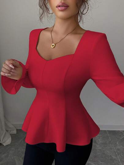 Elenzga Blusa elegante para ocasiones formales, románticas y de oficina, con diseño de parche de múltiples telas, cuello cuadrado, cintura recogida, mangas acampanadas, unicolor, manga larga, para otoño/invierno