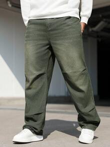 Manfinity Homme Plus Size Men's Casual Everyday Washed Slant Pocket Straight Leg Jeans Men S Loose Straight Leg Casual Pants - Army Green - View 6