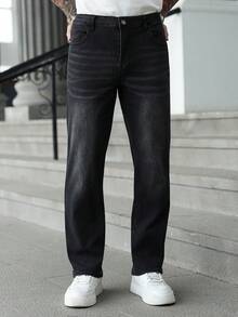 Manfinity Homme Men's Casual Everyday Commute Simple Versatile Solid Color Straight Leg Jeans - Black - View 7