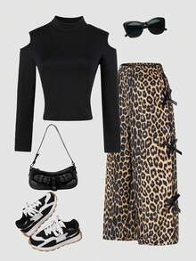Sparklyn 8-12 Years Old Girls Fashion Set, Long Sleeve Top + Leopard Print Straight Pants, Bow Decor, Casual, Suitable For School, Vacation, Travel, Outdoor Sports, Back To School Cheetah Print Pants Animal Print Outfit Wide Leg Pants Teen Girl Leopard Pants - Black - View 7