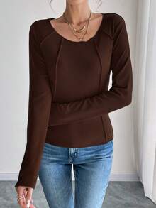 LanaWest Áo thun nữ cổ tròn tay dài màu trơn dáng ôm thường ngày - màu nâu - Xem 6
