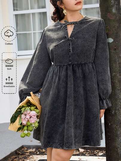 Lounesse 大码女式圆领蝴蝶结装饰长袖休闲连衣裙，日常穿着，通勤，黑色水洗连衣裙，百搭时尚