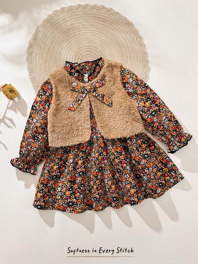 Cozy Pixies Baby Girl Floral Print Round Neck Long Sleeve Dress With Thermal Lined Sleeveless Vest 2-Piece Set Toddler Winter Dresses Baby Girl Dress Fall Baby Girl Clothes Spring Fall 2pcs Set Baby Girls Cute Vintage Style Floral Boho Toddler Dress