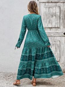 Breezaya 花卉印花打结前襟荷叶袖荷叶边下摆长连衣裙，适合新年穿着 - 綠色 - 查看 2