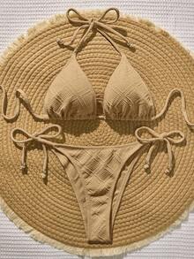 Swim Vcay Women's Solid Color Textured Halter Bikini Set, Suitable For Summer Vacation - Brown - View 3