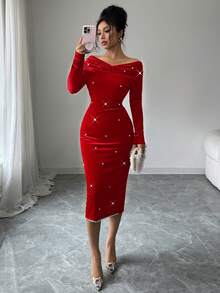 Elenzga Off Shoulder Faux Pearl Decor Waist-Flattering Versatile Elegant Long Dress For Parties, Gatherings, Birthdays, Autumn/Winter - Red - View 5