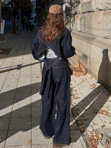 FRIFUL Women's Casual Fashion Street Loose Drop Shoulder Denim Shirt And Wide Leg Jeans Set, Spring/Autumn