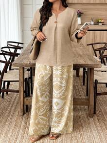 EMERY ROSE Bộ 2 món cỡ lớn: Áo sơ mi trơn màu & Quần ống rộng, Trang phục đi nghỉ thường ngày - Nhiều màu - Xem 4