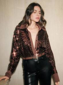 Anewsta Áo sơ mi nữ chuyên nghiệp túi sequin mờ mới thu - màu nâu - Xem 7