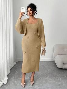 Elenzga Plus Size Solid Color Elegant Knitted Floral Dress With Batwing Cardigan Sweater Set - Khaki - View 6