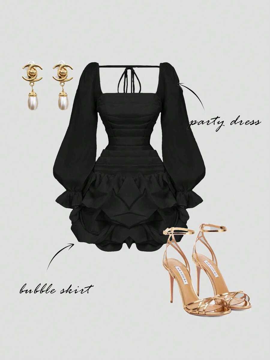 SHEIN MOD 女士杏色修身褶皱泡泡下摆欧根纱迷你连衣裙，情人节，女士夏季连衣裙，白色毕业礼服 - 黑色 - 查看 1