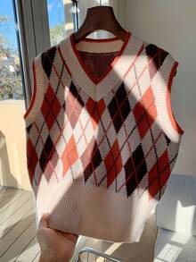 Comfortcana 女士休闲多色菱形针织背心，V领，常规长度，罗纹针织细节，秋季服装，多色毛衣，秋季服装，多色短款上衣，舒适的秋冬女装 - 彩色 - 查看 6