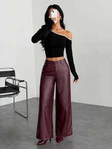 SHEIN PETITE Women's Burgundy Red Leather Women Pants Plain Front-Button Minimalist Casual Pants, Daily Wear,Women Bottoms - Burgundy - View 6