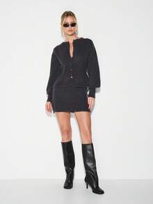 KIZN Charcoal Ribbed Knit Mini Skirt High Waisted Bodycon Fitted Winter Sweater Skirt Fall Fashion - Grey - View 6