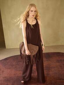 MOTF STUDIO 2 PIEZAS CONJUNTO CASUAL DE MUJER CON TOP Y PANTALONES CON CUERDA TRENZADA Y ADORNO DE CUENTAS - Café integral - Ver 7