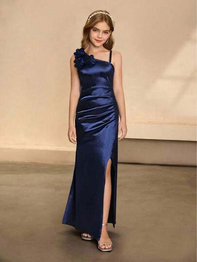 Tween Girl Elegant Minimalist Fashion Asymmetric-Shoulder Sleeveless High-Waist Fitted Split Long Dress With 3D Floral Design, Satin Shiny Fabric, Suitable For Graduation, Prom, Birthday, Christmas Party, Ball Gown