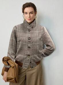 Uhlyne 秋冬新款时尚梭织翻领格子优雅长袖休闲修身纽扣设计女式夹克外套 - 彩色 - 查看 3