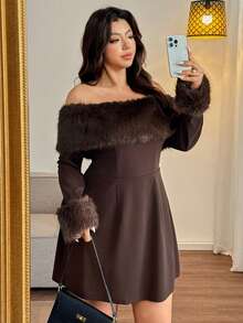 Vionelle Plus Size Detachable Fur Collar & Cuff Off-Shoulder Dress, Elegant Brown Autumn Coffee Dark Chocolate Top Blouses For Women - Brown - View 7