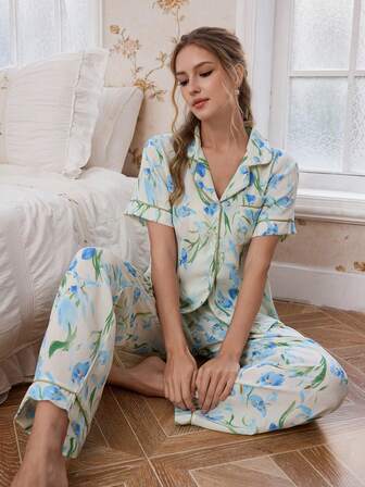 CottageSlumber Conjunto de pijama de mujer con estampado floral, pantalón con botones delanteros y manga corta