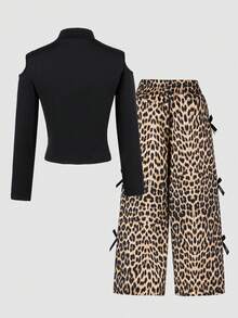 Sparklyn 8-12 Years Old Girls Fashion Set, Long Sleeve Top + Leopard Print Straight Pants, Bow Decor, Casual, Suitable For School, Vacation, Travel, Outdoor Sports, Back To School Cheetah Print Pants Animal Print Outfit Wide Leg Pants Teen Girl Leopard Pants - Black - View 2