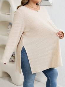 SHEIN CURVE+ Plus Size Pit Stripe Slit Long Sleeved T-Shirt - Apricot - View 5