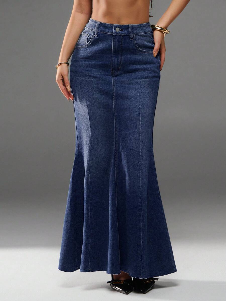 SHEIN Forever 21 Summer New Low Waist Mermaid Casual High Street Women Denim Maxi Skirt - Navy Blue - View 1