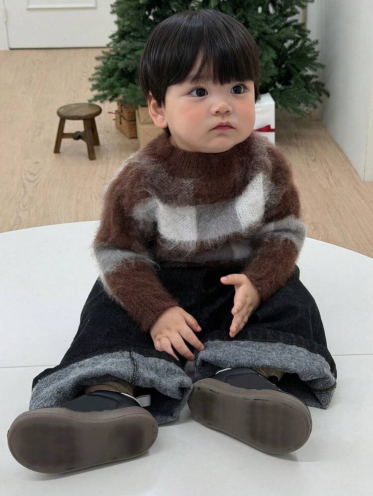 Toddler Boys' Plaid Crew Neck Knit Long Sleeve Sweater, Autumn/Winter