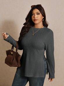 Elaquor Plus Size Women's Solid Color Round Neck Casual Side Slit Long Sleeve T-Shirt For Spring - Dark Grey - View 5