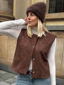 Vivie Lora 女士麂皮纯色单排扣多口袋休闲常规款马甲外套 - 卡其色 - 查看 5