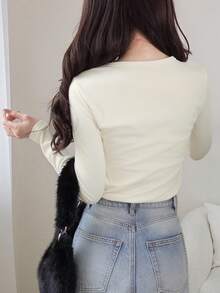 FRIFUL Women's Solid Color Round Neck Raglan Long Sleeve Casual Versatile Fleece T-Shirt - White - View 3