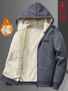 Manfinity Homme 男士連帽保暖內裡夾克，秋冬保暖毛絨內裡針織，拉鍊連帽衫，適合休閒、戶外活動，送給男友的禮物 - 灰色 - 查看 1