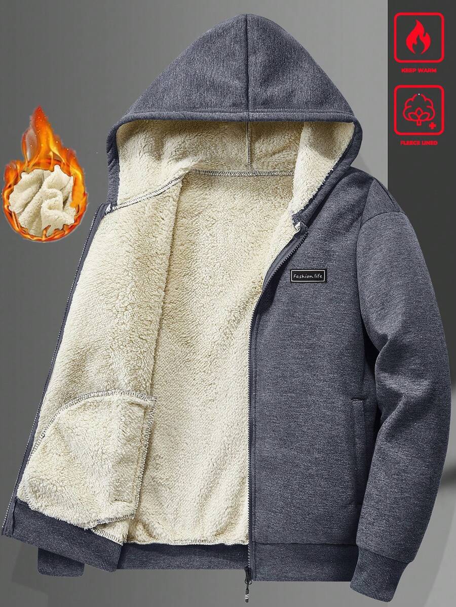 Manfinity Homme 男士連帽保暖內裡夾克,秋冬保暖毛絨內裡針織,拉鍊連帽衫,適合休閒、戶外活動,送給男友的禮物 - 灰色 - 查看 1