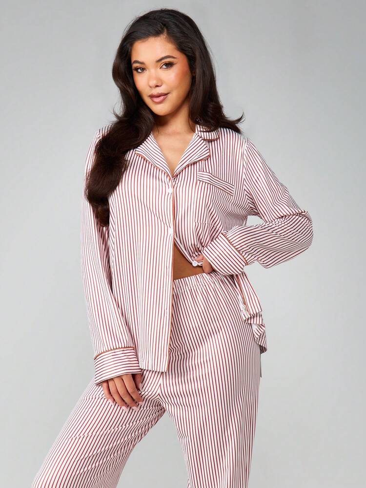 MISSGUIDED Striped Pajama Set Long Sleeve Button Up Shirt Lounge Pants Sleepwear Nightwear