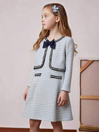 PrepCrw Conjunto de 2 piezas de chaqueta corta de cuello redondo con decoración de perlas en estampado de pata de gallo negro y blanco, y vestido sin mangas con lazo, para niñas preadolescentes, adecuado para salidas casuales, viajes, reuniones, fiestas de vacaciones, otoño/invierno