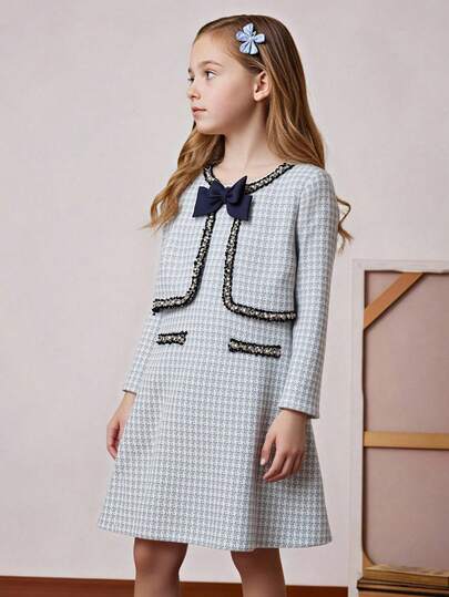 PrepCrw 2 件套青少年女孩优雅都市时尚黑白千鸟格珍珠装饰圆领短款夹克和无袖蝴蝶结连衣裙套装，适合休闲外出、旅行、聚会、节日派对、秋冬季