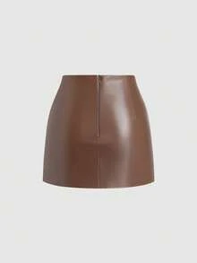 SHEIN Tall Váy chữ A bằng da PU xếp ly eo cao không đối xứng, phong cách Pháp cổ điển thanh lịch, đa năng, gợi cảm, phù hợp cho các buổi hẹn hò, tiệc tùng, mặc hàng ngày, công sở, xuân/hè/thu/đông - màu nâu - Xem 2