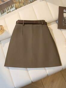 INAWLY Metal Buckle Waist A-Line Mini Skirt, Casual Chic For Commuting - Khaki - View 2