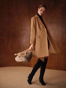 MOTF PREMIUM WOMEN'S ELEGANT WOOL DOUBLE BREASTED OVERCOAT, AUTUMN/WINTER - Khaki - View 7