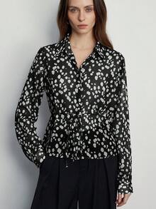 Aveloria Modichic Random Blue Polka Dot Print Shirt, Classic Collar Design, Drawstring Waist For Adjustable Fit, Suitable For Multiple Occasions - Black - View 4