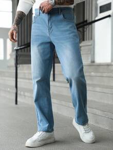 Manfinity Homme Men's Straight Loose Casual Pockets Jeans - Blue - View 4