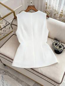 GlowEve Gilet donna tinta unita con patta decorativa, blusa elegante con colletto a fiocco, blusa professionale adatta per insegnanti, stile essenziale per business e pendolarismo in primavera/estate, blusa per insegnanti donne, vacanza in campagna - Beige - Visualizzare 2