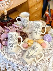 1个复古花卉陶瓷马克杯，大容量咖啡/果汁/牛奶杯，适用于办公室