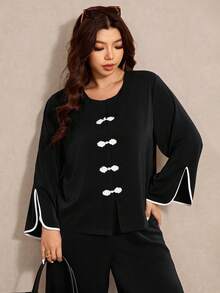 Elaquor Conjunto de 2 piezas de top holgado de manga acampanada y cuello redondo vintage elegante, talla grande talla, y pantalón recto - Blanco y Negro - Ver 7