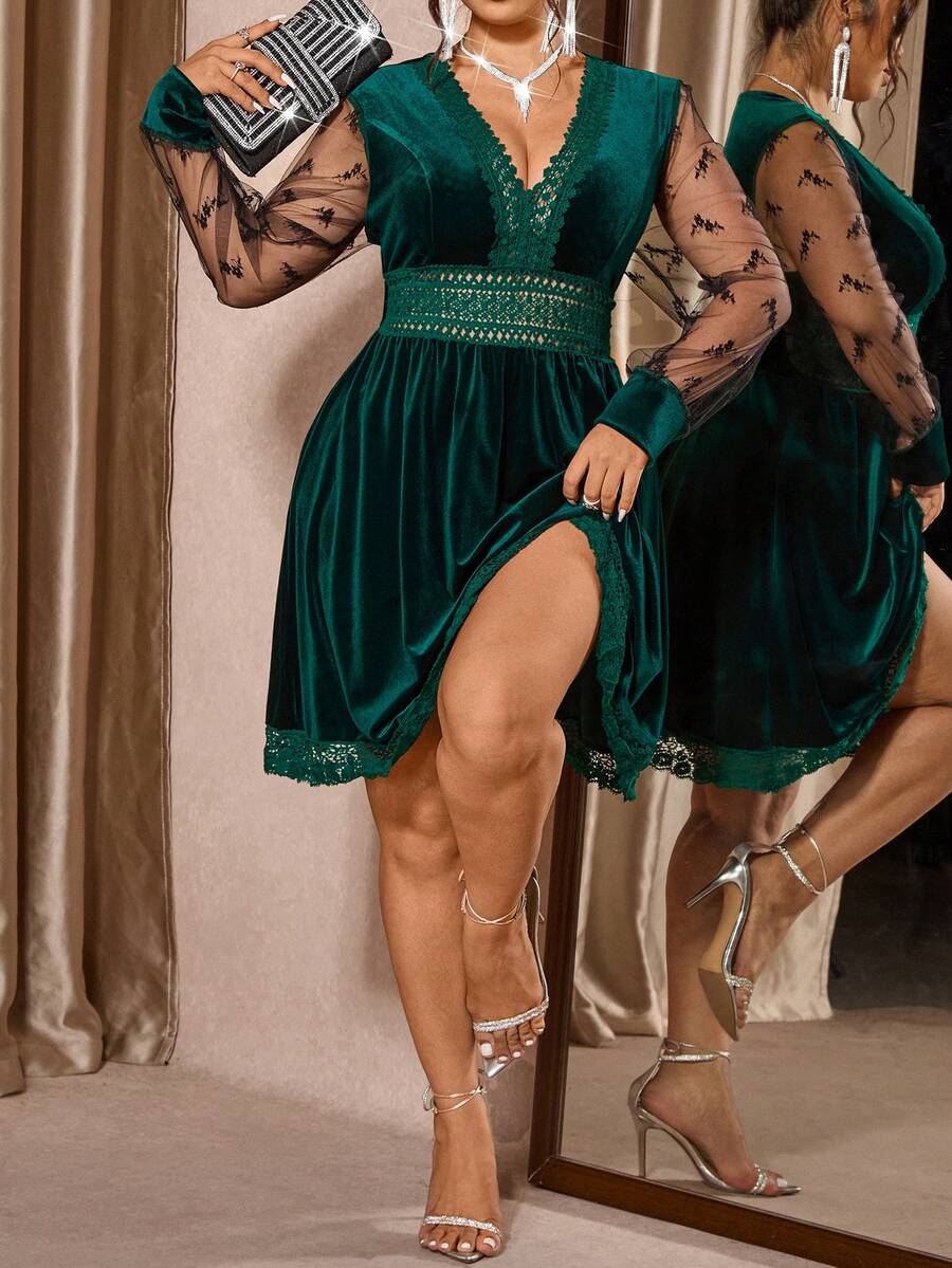 Allurite Plus Size Women V-Neck Lace Patchwork Fashion Party Dress - Dark Green - View 1