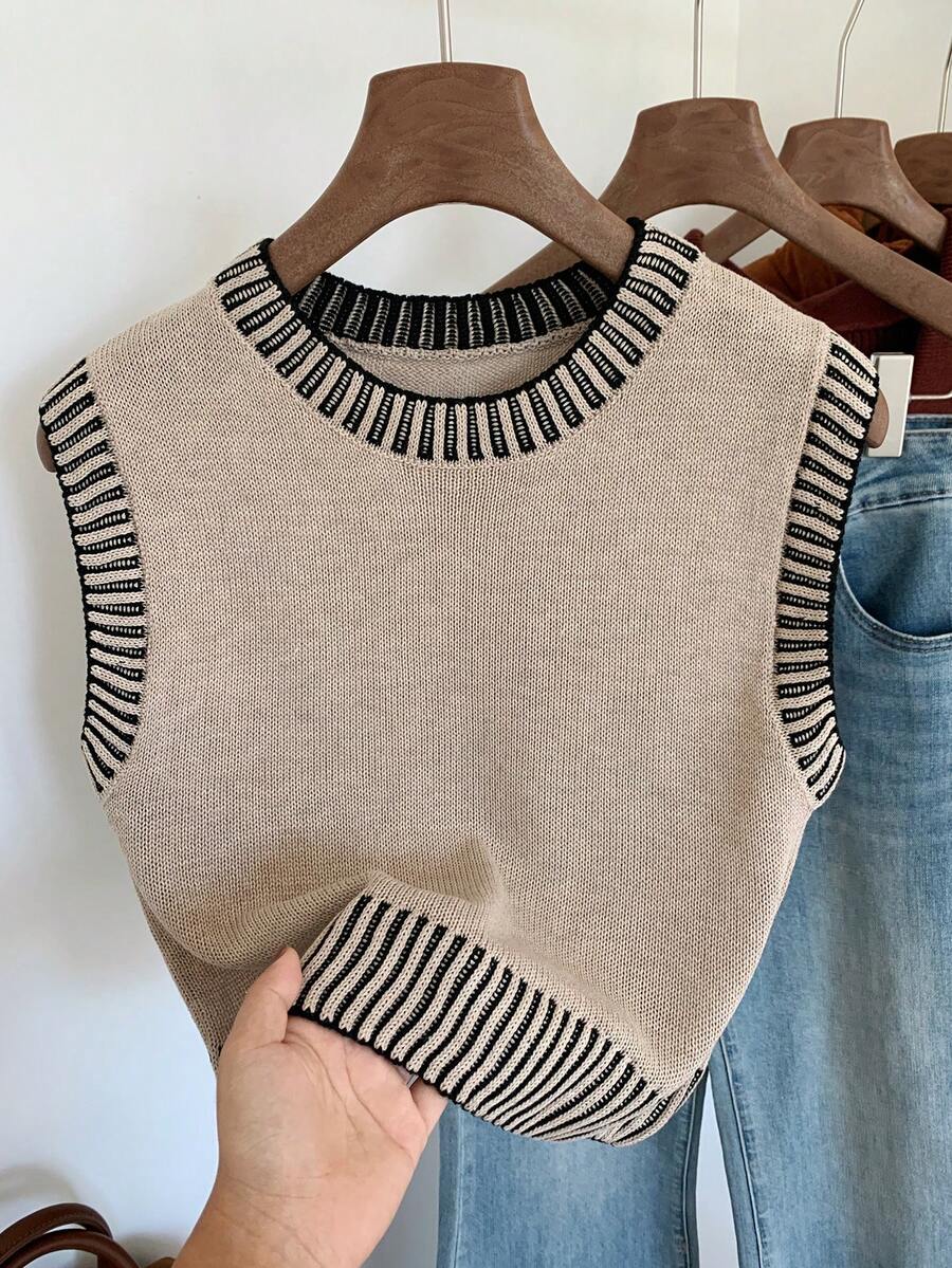 Comfortcana 女士休闲日常通勤校园风撞色滚边宽松针织背心，秋冬款 - 杏色 - 查看 1