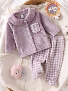 Newborn Baby Pajamas-2 Piece Pajama Set Infant Plush Lavender Pastel Peter Pan Collar Long Sleeve Button Front Top Footed Check Pattern Pants Patch Pocket Winter Autumn Holiday Twenty Twenty Six New Year Warm Cozy Gift - Purple - View 1