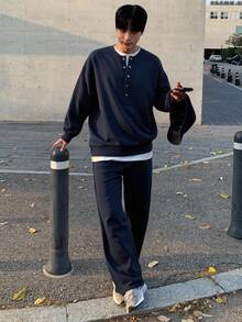 DAZY 海军蓝白拼接二合一男士T恤套装，秋季款 - 藏蓝色 - 查看 4