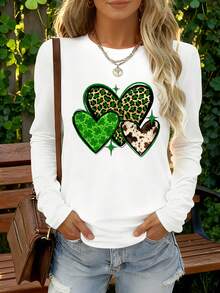 EMERY ROSE Women's Casual Leopard Print Heart Graphic Long Sleeve T-Shirt, Autumn - White - View 1